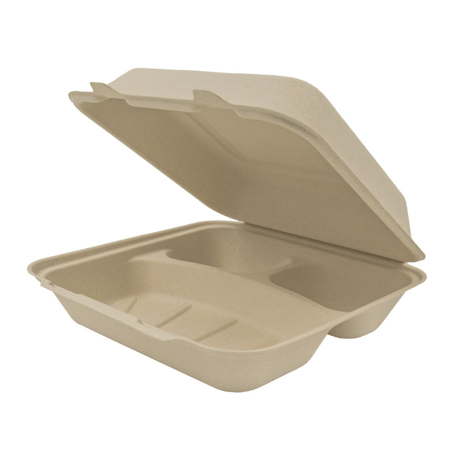 Genera TCA8X83CB200IN Hinged Container Molded Fiber 8"x8"x3" Natural Color 3C PFA Free 200/CS