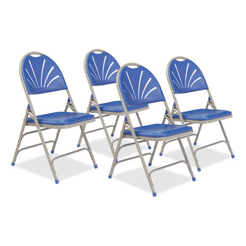 NPS 1105 1100 Series Deluxe Fan-Back Tri-Brace Folding Chair, Supports Up to 500 lb, Blue Seat, Blue Back, Gray Base, 4/Carton