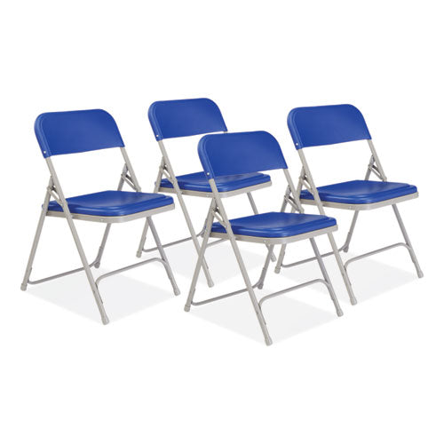 NPS 805 800 Series Premium Plastic Folding Chair, Supports Up to 500 lb, 18" Seat Height, Blue Seat, Blue Back, Gray Base, 4/Carton