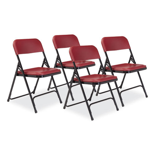 NPS 818 800 Series Plastic Folding Chair, Supports Up to 500 lb, 18" Seat Height, Burgundy Seat, Burgundy Back, Black Base, 4/Carton