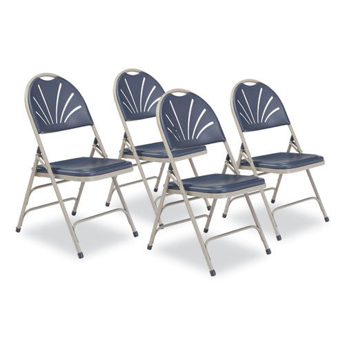 NPS 1115 1100 Series Deluxe Fan-Back Tri-Brace Folding Chair, Supports Dark Blue Seat, Dark Blue Back, Gray Base, 4/Carton