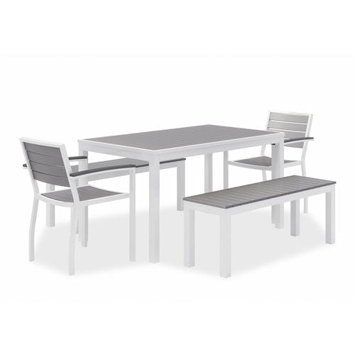 KFI Studios 840031918437 Eveleen Outdoor Dining Table Set, 55" x 35" x 29" Rectangular Table, 2 Benches, 2 Armchairs, Gray/White