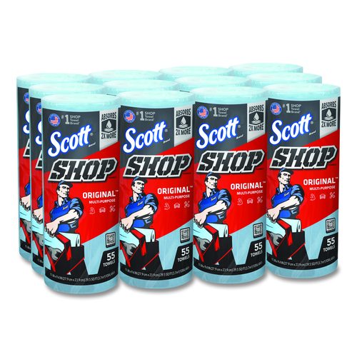 Scott 75147 Shop Towels, Standard Roll, 1-Ply, 9.4 x 11, Blue, 55/Roll, 12 Rolls/Carton