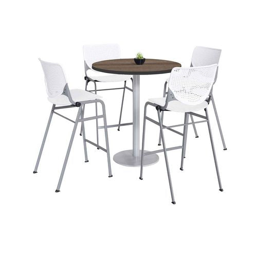 KFI Studios 811774037273 Pedestal Bistro Table with Four White Kool Series Barstools, Round, 36" Dia x 41h, Studio Teak