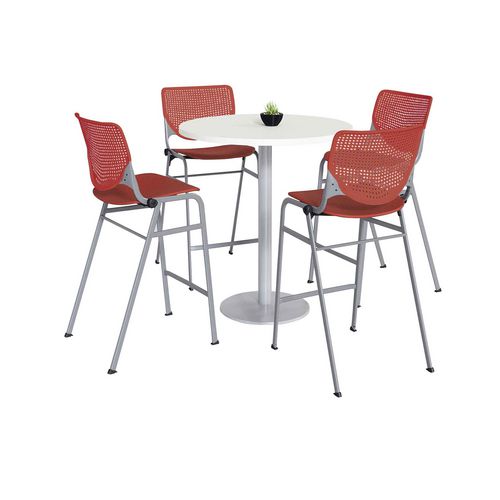 KFI Studios 811774037150 Pedestal Bistro Table with Four Coral Kool Series Barstools, Round, 36" Dia x 41h, Designer White