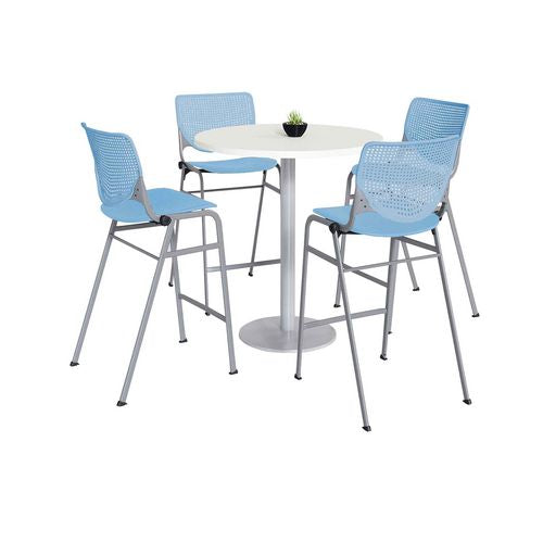 KFI Studios 811774037143 Pedestal Bistro Table with Four Sky Blue Kool Series Barstools, Round, 36" Dia x 41h, Designer White