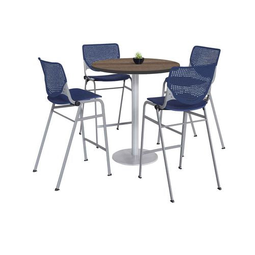 KFI Studios 811774037266 Pedestal Bistro Table with Four Navy Kool Series Barstools, Round, 36" Dia x 41h, Studio Teak
