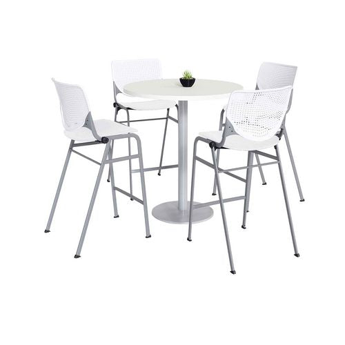 KFI Studios 811774037075 Pedestal Bistro Table with Four White Kool Series Barstools, Round, 36" Dia x 41h, Designer White