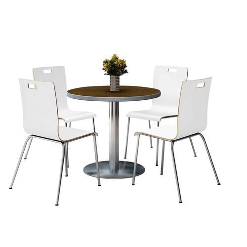 KFI Studios 810389025088 Pedestal Table with Four White Jive Series Chairs, Round, 36" Dia x 29h, Walnut