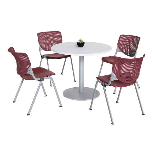 KFI Studios 811774036672 Pedestal Table with Four Burgundy Kool Series Chairs, Round, 36" Dia x 29h, Designer White