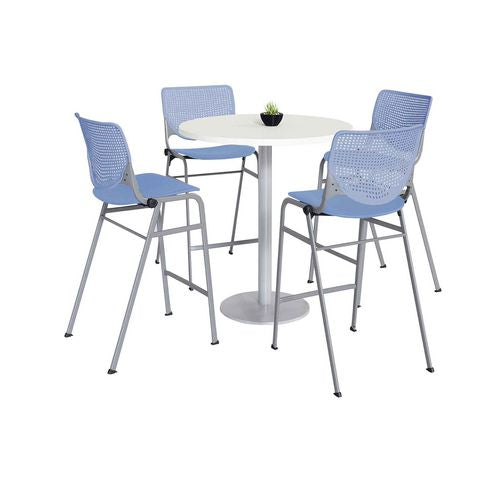 KFI Studios 811774037136 Pedestal Bistro Table with Four Periwinkle Kool Series Barstools, Round, 36" Dia x 41h, Designer White