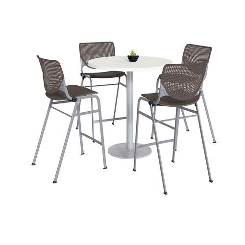 KFI Studios 811774037129 Pedestal Bistro Table with Four Brownstone Kool Series Barstools, Round, 36" Dia x 41h, Designer White