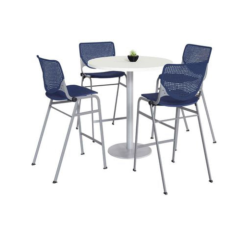 KFI Studios 811774037051 Pedestal Bistro Table with Four Navy Kool Series Barstools, Round, 36" Dia x 41h, Designer White