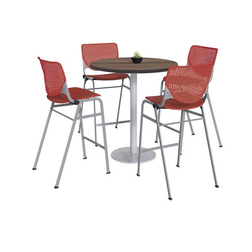 KFI Studios 811774037303 Pedestal Bistro Table with Four Coral Kool Series Barstools, Round, 36" Dia x 41h, Studio Teak