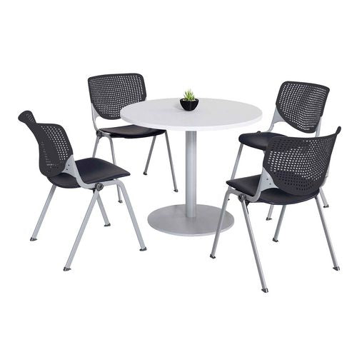 KFI Studios 811774036696 Pedestal Table with Four Black Kool Series Chairs, Round, 36" Dia x 29h, Designer White