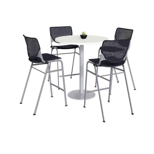 KFI Studios 811774037082 Pedestal Bistro Table with Four Black Kool Series Barstools, Round, 36" Dia x 41h, Designer White