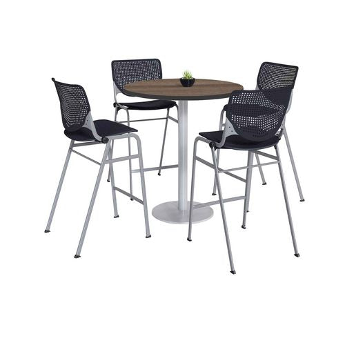 KFI Studios 811774037280 Pedestal Bistro Table with Four Black Kool Series Barstools, Round, 36" Dia x 41h, Studio Teak