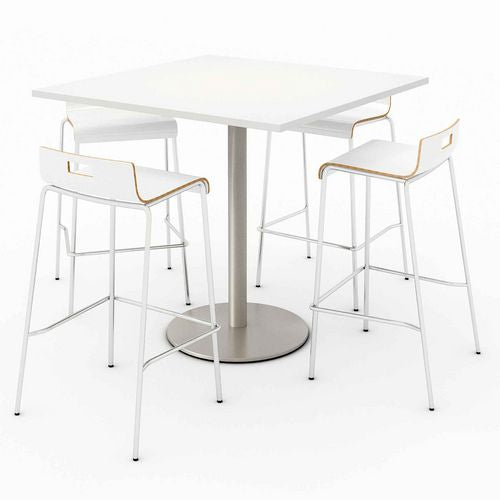 KFI Studios 811774039918 Pedestal Bistro Table with Four White Jive Series Barstools, Square, 36 x 36 x 41, Designer White
