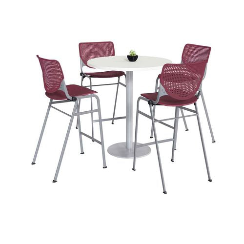 KFI Studios 811774037068 Pedestal Bistro Table with Four Burgundy Kool Series Barstools, Round, 36" Dia x 41h, Designer White