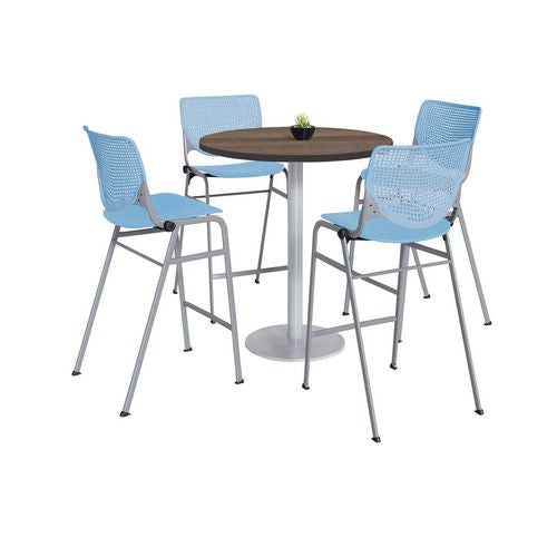 KFI Studios 811774037297 Pedestal Bistro Table with Four Sky Blue Kool Series Barstools, Round, 36" Dia x 41h, Studio Teak
