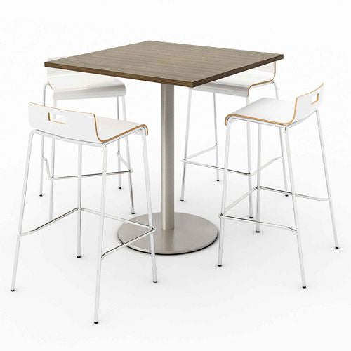 KFI Studios 811774039932 Pedestal Bistro Table with Four White Jive Series Barstools, Square, 36 x 36 x 41, Studio Teak
