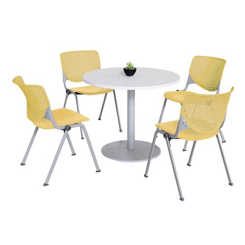 KFI Studios 811774036702 Pedestal Table with Four Yellow Kool Series Chairs, Round, 36" Dia x 29h, Designer White