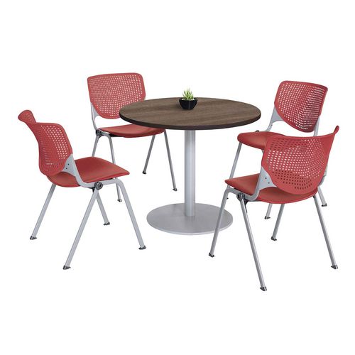 KFI Studios 811774036917 Pedestal Table with Four Coral Kool Series Chairs, Round, 36" Dia x 29h, Studio Teak