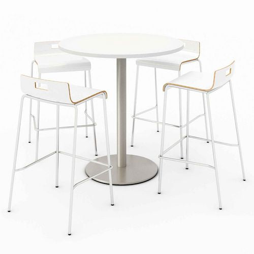 KFI Studios 840031900128 Pedestal Bistro Table with Four White Jive Series Barstools, Round, 36" Dia x 41h, Designer White