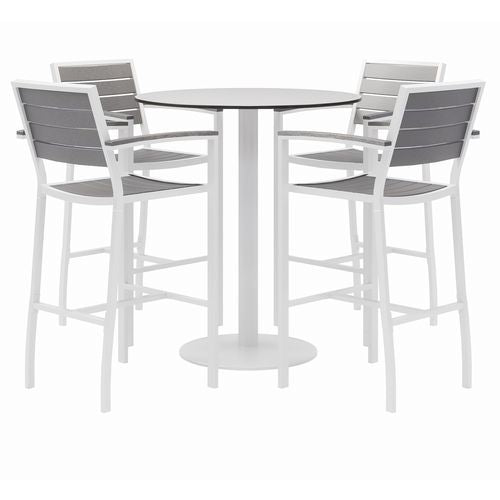 KFI Studios 840031918512 Eveleen Outdoor Bistro Patio Table with Four Gray Powder-Coated Polymer Barstools, Round, 41"h, White