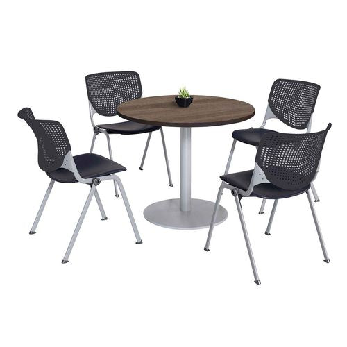 KFI Studios 811774036894 Pedestal Table with Four Black Kool Series Chairs, Round, 36" Dia x 29h, Studio Teak