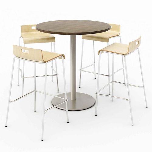 KFI Studios 840031900135 Pedestal Bistro Table with Four Natural Jive Series Barstools, Round, 36" Dia x 41h, Studio Teak