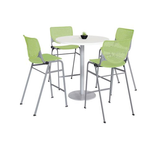 KFI Studios 811774037112 Pedestal Bistro Table with Four Lime Green Kool Series Barstools, Round, 36" Dia x 41h, Designer White