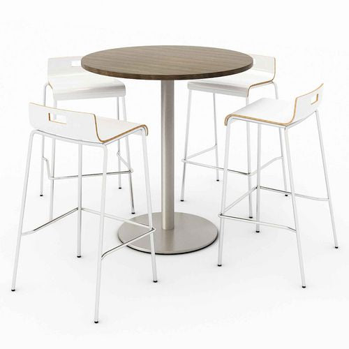 KFI Studios 840031900142 Pedestal Bistro Table with Four White Jive Series Barstools, Round, 36" Dia x 41h, Studio Teak