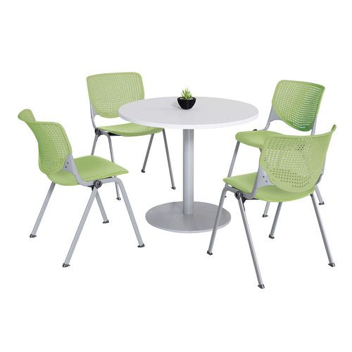 KFI Studios 811774036726 Pedestal Table with Four Lime Green Kool Series Chairs, Round, 36" Dia x 29h, Designer White