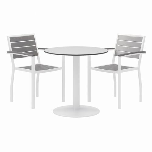 KFI Studios 840031918451 Eveleen Outdoor Patio Table with Two Gray Powder-Coated Polymer Chairs, 30" Dia x 29h, Designer White