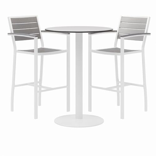 KFI Studios 840031918475 Eveleen Outdoor Bistro Patio Table, Two Gray Powder-Coated Polymer Barstools, Round, 30" Dia x 41h, White