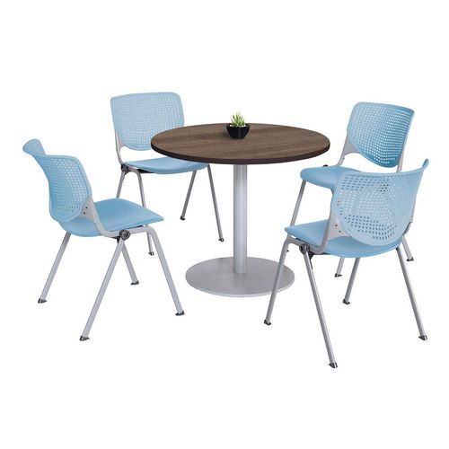 KFI Studios 811774036900 Pedestal Table with Four Sky Blue Kool Series Chairs, Round, 36" Dia x 29h, Studio Teak