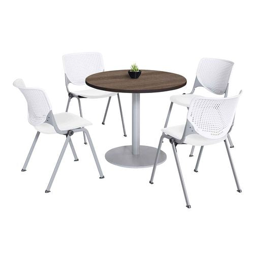 KFI Studios 811774036887 Pedestal Table with Four White Kool Series Chairs, Round, 36" Dia x 29h, Studio Teak