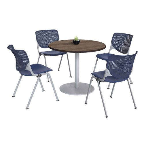 KFI Studios 811774036870 Pedestal Table with Four Navy Kool Series Chairs, Round, 36" Dia x 29h, Studio Teak