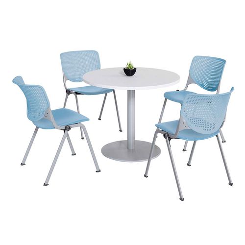 KFI Studios 811774036757 Pedestal Table with Four Sky Blue Kool Series Chairs, Round, 36" Dia x 29h, Designer White