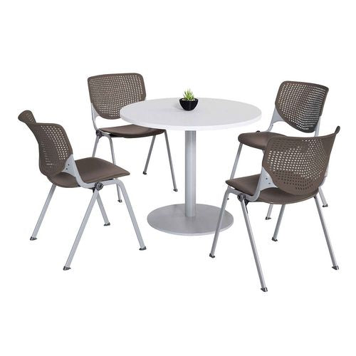 KFI Studios 811774036733 Pedestal Table with Four Brownstone Kool Series Chairs, Round, 36" Dia x 29h, Designer White