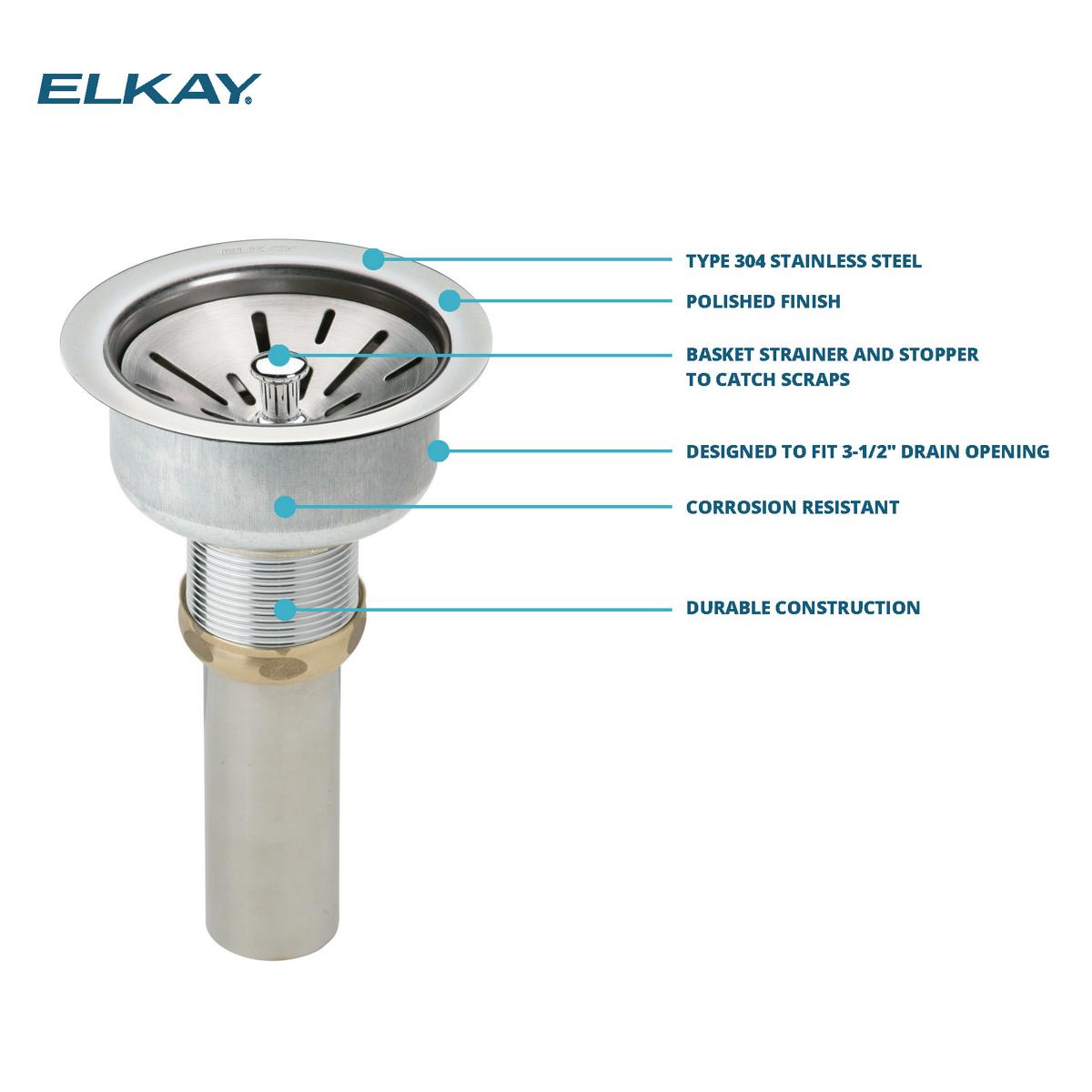 Elkay Residential LK35 Elkay 3-1/2" Drain Fitting, Type 304 Stainless Steel Strainer Basket with Tailpiece
