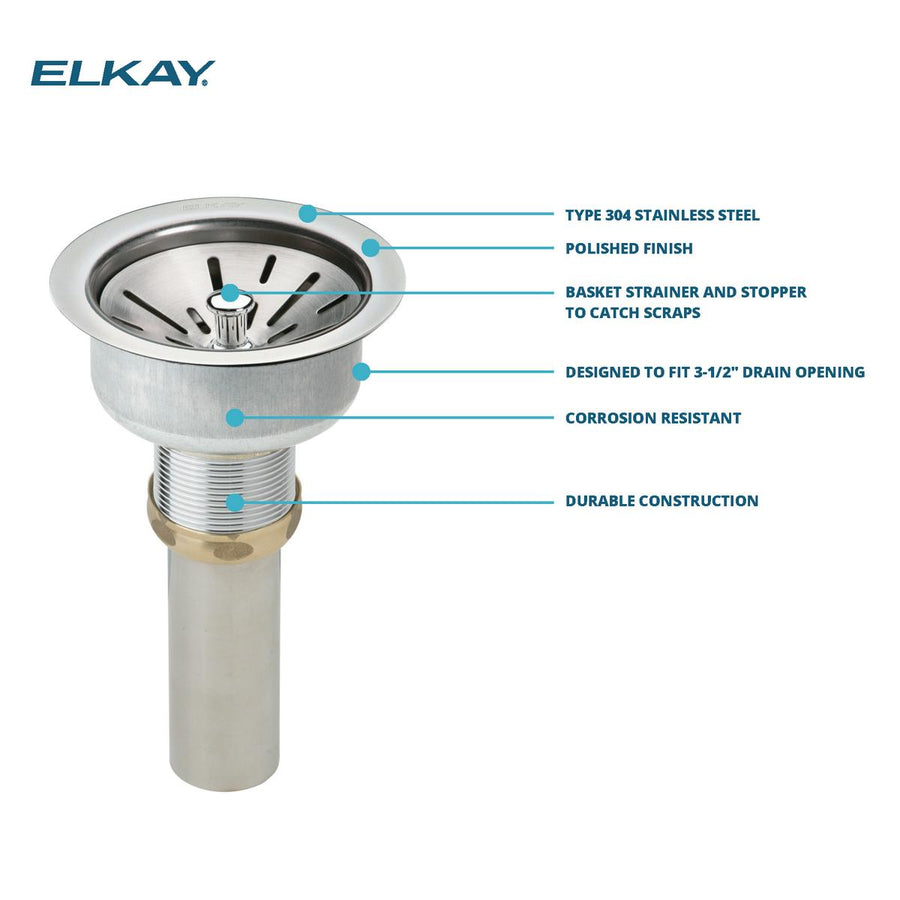 Elkay Residential LK35 Elkay 3-1/2" Drain Fitting, Type 304 Stainless Steel Strainer Basket with Tailpiece
