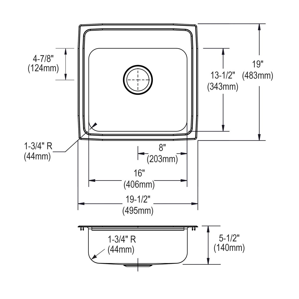 Elkay Residential LRAD1919553 Elkay Lustertone Classic Stainless Steel 19-1/2" x 19" x 5-1/2", 3-Hole Single Bowl Drop-in ADA Sink