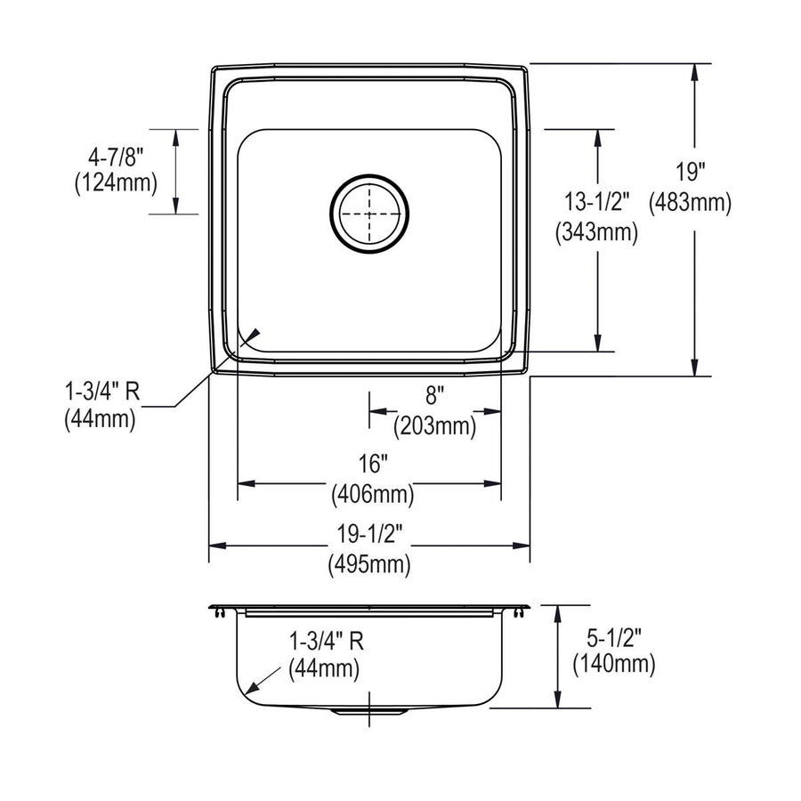 Elkay Residential LRAD1919553 Elkay Lustertone Classic Stainless Steel 19-1/2" x 19" x 5-1/2", 3-Hole Single Bowl Drop-in ADA Sink