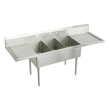 Elkay WNSF8372LROF3 Weldbilt Stainless Steel 120" x 27-1/2" x 14" Floor Mount Triple Compartment Scullery Sink with Overflow Hole