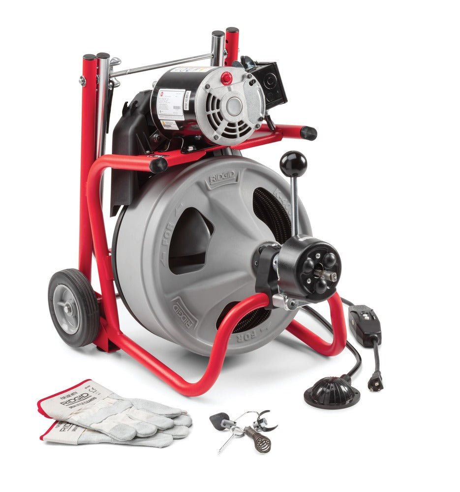 K-400 Drum Machine with Bulb Auger, 6.7A, 1/3HP, 75' x 3/8" Cable, Integrated Transport Cart