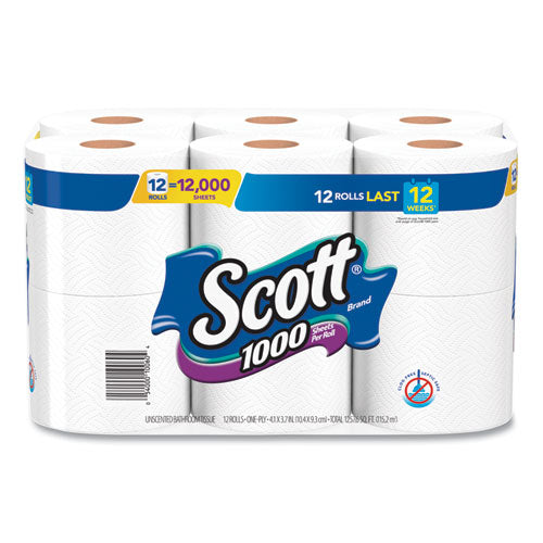 Scott 10060 Toilet Paper, Septic Safe, 1-Ply, White, 1,000 Sheets/Roll, 12 Rolls/Pack, 4 Pack/Carton