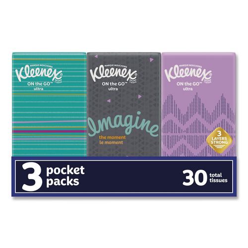 Kleenex 11976 On The Go Packs Facial Tissues, 3-Ply, White, 10 Sheets/Pouch, 3 Pouches/Pack, 36 Packs/Carton