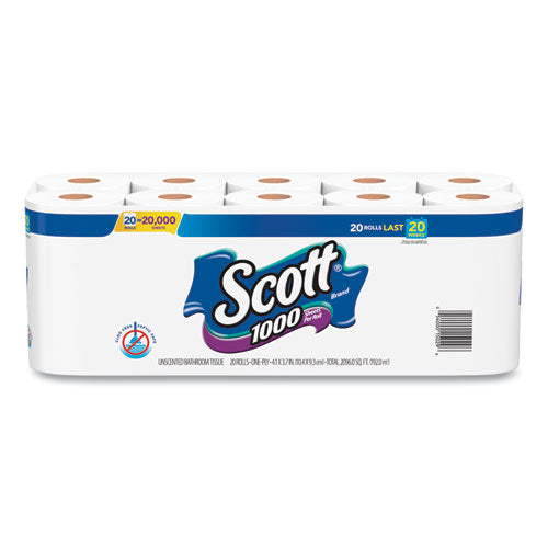 Scott 20032 1000 Bathroom Tissue, Septic Safe, 1-Ply, White, 1,000 Sheet/Roll, 20/Pack